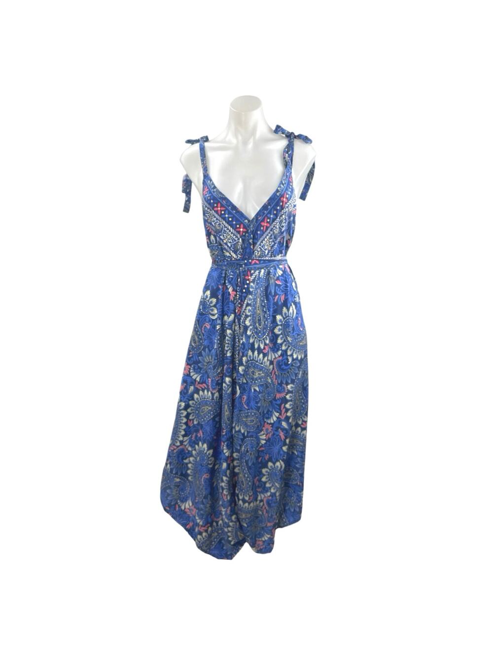 Advance Blue Silk Floral Paisley V Neck Tie Sleeveless A Line Maxi Dress Sz L/XL